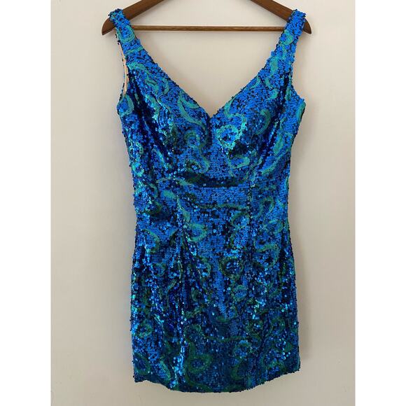 WOW! Prom & Pageant 12 Blue Green Teal Sequin Mini Bodycon Dress EUC Deep V Back - Picture 1 of 15